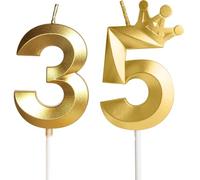 Vela de cumpleaños 35 con números, 35 con corona, 5 cm dorada, velas de cumpleaños, decoración para tartas, decoración de tartas, para niños, adultos, 35 cumpleaños, aniversario, número 35