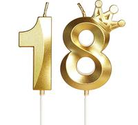 Vela de cumpleaños Con corona, número 18-2.36 pulgadas, color oro, 2 unidad, Velas Cumpleaños Divertidas, Velas de Pastel Cumpleaños, Velas Doradas para Cumpleaños, Aniversario, Fiesta Temática