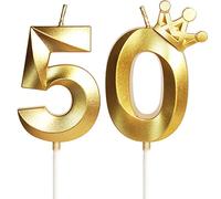 Vela de cumpleaños con corona, número 50-2.36 pulgadas, color oro, 2 unidades, Velas doradas para cumpleaños y aniversarios