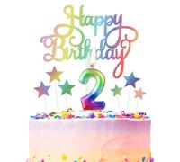 Vela de cumpleaños con el número 2 del arco iris para pastel, velas de cumpleaños de arcoíris metálico, decoración de pastel de feliz segundo cumpleaños, velas coloridas para tartas para niñas y