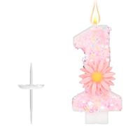 Vela de Cumpleaños con Número Rosa, 7,2cm Purpurina Margarita Brillante Vela Número Adorno para Tarta Ideal para Cumpleaños de Niña Fiestas Baby Shower y Aniversarios Regalos (1)