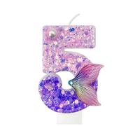 Vela de cumpleaños de sirena número cinco-Vela de sirena 3D con purpurina rosa y púrpura, Decoración de pastel estilo fantasía. para cumpleaños de niñas, fiestas temáticas de sirenas y aniversarios.