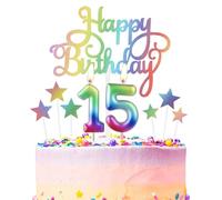 Vela de cumpleaños número 15 arcoíris para pastel, velas de cumpleaños de arcoíris metálico, decoración para tartas, vela de feliz cumpleaños 15, velas coloridas para tartas para decoraciones de