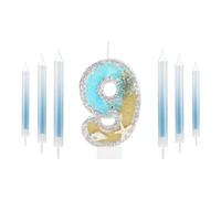 Vela de cumpleaños número 9 con purpurina para pastel, vela de cumpleaños con lentejuelas de concha plateada, decoraciones de cumpleaños para niños y niñas, decoraciones de cumpleaños temáticas de
