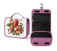 Vela de Navidad con bayas de acebo, flor roja, bolsa de aseo de viaje para mujer, organizador de maquillaje colgante con gancho para champú