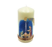 Vela de pilar 3D hecha a mano XL, de alta calidad, vela del altar, vela de nacimiento de Cristo, vela cristiana con elaborada decoración de la Sagrada Familia en color crema, tamaño: 8 x 18 cm (ancho