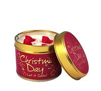 Vela en lata, de la marca Lily-Flame, con el texto «Christmas Day» («Día de Navidad»)