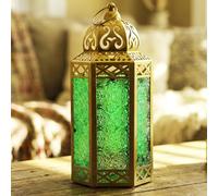 Vela Lanterns Farol portavelas decorativo marroquí de metal de 12 pulgadas para colgar o mesa, decoración interior del hogar, patio al aire libre o porche, bodas, dorado, cristal verde, grande