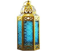 Vela Lanterns Farol portavelas decorativo marroquí de metal de 12 pulgadas para colgar o mesa, decoración interior del hogar, patio al aire libre o porche, bodas, dorado, cristal azul, grande