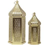 Vela Lanterns Temple Tower - Portavelas decorativo grande marroquí para Ramadán, patio, decoración del hogar, bodas, dorado, juego de 2 faroles