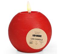 Vela LED con forma de bola de cera auténtica con temporizador y mando a distancia, llama parpadeante realista, luz blanca cálida, diámetro 10 x 9 cm, vela de cera eléctrica en rojo como acogedora