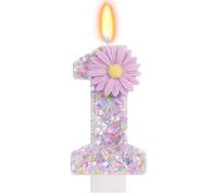 Vela Número 1 Cumpleaños Niña Morado con Purpurina y Flor Margarita 3D, Vela 1 Año Bebé Tarta, Vela Cumpleaños 1 Año, Decoración Pastel Primer Cumpleaños Niña, Velas Números 1, Primer Fiesta