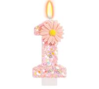Vela Número 1 Rosa con Flor Margarita y Purpurina - Vela de Cumpleaños para Niña, Decoración Tarta 1 Año Bebé, Velas Cumpleaños Infantiles Originales para Fiestas, Aniversarios y Baby Shower