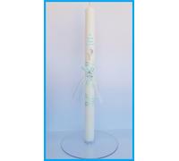 VELA PARA BAUTIZO DE CERA BLANCA. MEDIDA 3 x 40CM DECORADA CON LAZO, CHUPETE Y CIGÜEÑA ADHESIVA (AZUL PERSONALIZADA)