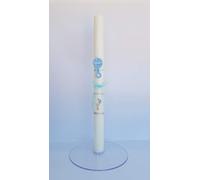 VELA PARA BAUTIZO DE CERA BLANCA. MEDIDA 3 x 40CM DECORADA CON LAZO, SONAJERO DE FIELTRO Y CIGÜEÑA ADHESIVA (AZUL PERSONALIZADA)