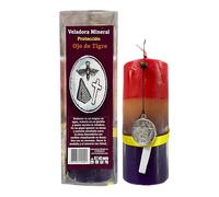 Veladora de Ojo de Tigre para Protección | Velón Especial para Proteger de Malas Energías | Con Cuerda con Ojo de Tigre y Medalla de Tetragramatón, Lazo Amarillo, Pergamino y Sal Mágica.