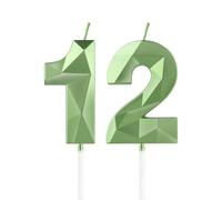 Velas 3D Número 12 para Cumpleaños - Decoraciones Verdes para Pastel de Niños y Niñas - Fiesta de 12 Años