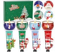 Velas aromáticas de Navidad para crema de manos, set de regalo, 4 unidades de cera de soja natural, velas de aromaterapia + 4 unidades de crema de manos, mini set de velas de Navidad, regalos pequeños