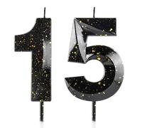 Velas con el número 15, velas de cumpleaños número 15, velas de cumpleaños feliz 3D de color negro y dorado, cera premium y diseño de diamante 3D, topper decorativo para tartas para fiestas, bodas