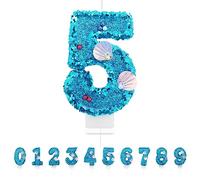 Velas Cumpleaños Números 5,3D Sirena Azul Vela,Vela de Número 5 de Pastel Decoración,Aniversarios,Baby Shower de Cumpleaños