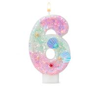 Velas Cumpleaños Números 6, Velas de Cumpleaños Número 6 Rosa para Pastel, Vela con Resplandecer de Número con Concha de Sirena, Decoraciones de Sirena para Tartas de Cumpleaños de Niñas