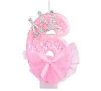 Velas Cumpleaños Numeros, Vela de Malla con Lazo de Corona de 7,5cm Rosa Brillante Número de Cumpleaños con Lentejuelas para Decoración de Tartas para Celebraciones de Aniversario (Número 6)