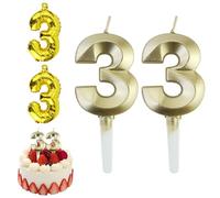 Velas de Cumpleaños 33 Años Dorado, Decoraciones para Hombres y Mujeres, Número 33 3D para Tarta, Topper de Vela Dorado, Suministros para Fiestas, Bodas y Aniversarios, 2 globos dorados número 3