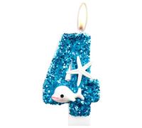 Velas de cumpleaños con diseño de delfín, vela de cumpleaños número 4 con purpurina para niñas, velas azules del número 4, velas de pastel de delfín, decoración de tartas para niños y niñas