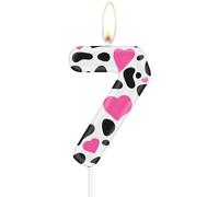 Velas de cumpleaños con diseño de vaca, 7 números de cumpleaños, vela de corazón rosa con número 7 para pasteles, decoraciones de fiesta de vaqueras, temática de animales de granja para niñas y niños