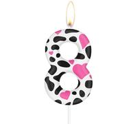 Velas de cumpleaños con diseño de vaca, 8 números de cumpleaños, vela de corazón rosa con número 8 para pasteles, decoraciones de fiesta de vaqueras, temática de animales de granja para niñas y niños