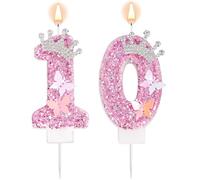 Velas de Cumpleaños con Número, Rosa Purpurina Corona Mariposa Feliz Cumpleaños Lentejuelas Vela de Princesa Adorno para Tarta Decoraciones para Bodas Aniversarios Celebraciones (10)