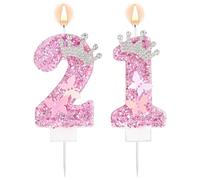 Velas de Cumpleaños con Número, Rosa Purpurina Corona Mariposa Feliz Cumpleaños Lentejuelas Vela de Princesa Adorno para Tarta Decoraciones para Bodas Aniversarios Celebraciones (21)