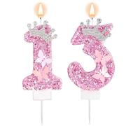 Velas de Cumpleaños con Número, Rosa Purpurina Corona Mariposa Feliz Cumpleaños Lentejuelas Vela de Princesa Adorno para Tarta Decoraciones para Bodas Aniversarios Celebraciones (13)