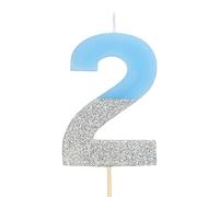 Velas de cumpleaños con números 0, 1, 2, 3, 4, 5, 6, 7, 8, 9, 10, 18, 25, 30,40, 50 de color azul y glitter plata (Número 2)