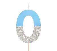 Velas de cumpleaños con números 0, 1, 2, 3, 4, 5, 6, 7, 8, 9, 10, 18, 25, 30,40, 50 de color azul y glitter plata (Número 0)