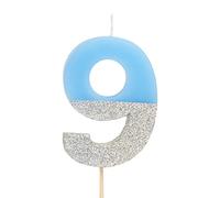 Velas de cumpleaños con números 0, 1, 2, 3, 4, 5, 6, 7, 8, 9, 10, 18, 25, 30,40, 50 de color azul y glitter plata (Número 9)