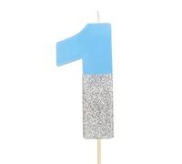 Velas de cumpleaños con números 0, 1, 2, 3, 4, 5, 6, 7, 8, 9, 10, 18, 25, 30,40, 50 de color azul y glitter plata (Número 1)