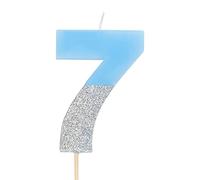 Velas de cumpleaños con números 0, 1, 2, 3, 4, 5, 6, 7, 8, 9, 10, 18, 25, 30,40, 50 de color azul y glitter plata (Número 7)
