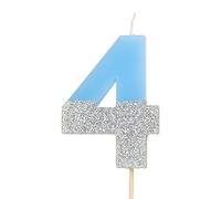 Velas de cumpleaños con números 0, 1, 2, 3, 4, 5, 6, 7, 8, 9, 10, 18, 25, 30,40, 50 de color azul y glitter plata (Número 4)
