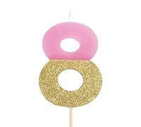 Velas de cumpleaños con números 0 1 2 3 4 5 6 7 8 9 de color rosa y glitter oro. Niña (Número 8)