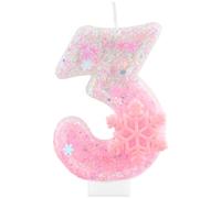 Velas de cumpleaños con purpurina de Frozen 3, velas de copo de nieve rosa número 3 para tarta, decoraciones de 3er cumpleaños para niñas, decoraciones para tarta con temática de Frozen para niñas y