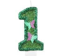 Velas de cumpleaños con purpurina en forma de mariposa verde en forma de número 1 para la decoración del pastel de primer cumpleaños de una niña, velas mágicas con temática de mariposas para niñas y