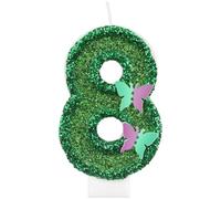 Velas de cumpleaños con purpurina en forma de mariposa verde en forma de número 8 para la decoración del pastel de cumpleaños número 8 de una niña, velas mágicas con temática de mariposas para niñas y