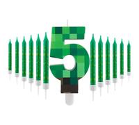 Velas de Cumpleaños con Tema Pixelado Número 5 y 12 Velas Largas Verdes Delgadas, Velas Temáticas de Videojuegos para Decoración de Fiestas Infantiles, Aniversarios