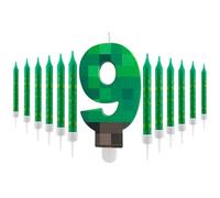 Velas de Cumpleaños con Tema Pixelado Número 9 y 12 Velas Largas Verdes Delgadas, Velas Temáticas de Videojuegos para Decoración de Fiestas Infantiles, Aniversarios