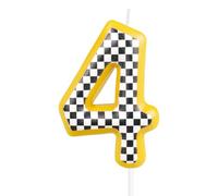 Velas de cumpleaños de coches de carreras, velas amarillas con el número 4 para pastel, decoraciones de 4º cumpleaños para niña, niño, rayas blancas y negras, temática de coches de carreras para