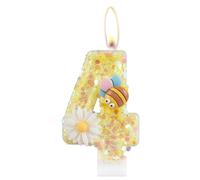 Velas de cumpleaños de flores, velas número 4 con abeja para pastel, decoraciones de 4 cumpleaños para niñas, velas de cumpleaños con purpurina amarilla, velas de pastel de abeja para decoración de