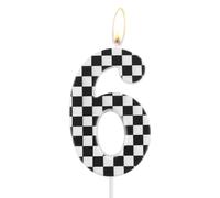 Velas de cumpleaños de tablero de ajedrez en blanco y negro, velas de fiesta temática de carreras, velas número 6, decoración de pastel para niñas y niños, decoración de pastel a cuadros en blanco y