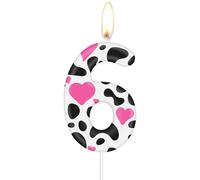 Velas de cumpleaños de vaca, 6 velas de cumpleaños con estampado de vaca, vela con número 6 de corazón rosa para pasteles, decoraciones de fiesta de vaqueras, temática de animales de granja para niñas
