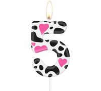 Velas de cumpleaños de vaca, velas con números de 5 cumpleaños con estampado de vaca, vela de corazón rosa con número 5 para pasteles, decoraciones de fiesta de vaqueras, temática de animales de
